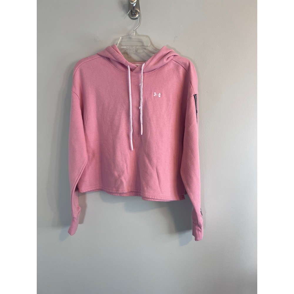 Under Armour Womens Pink Cropped Hooded Sweatshirt Logo Tape Sleeve Medium